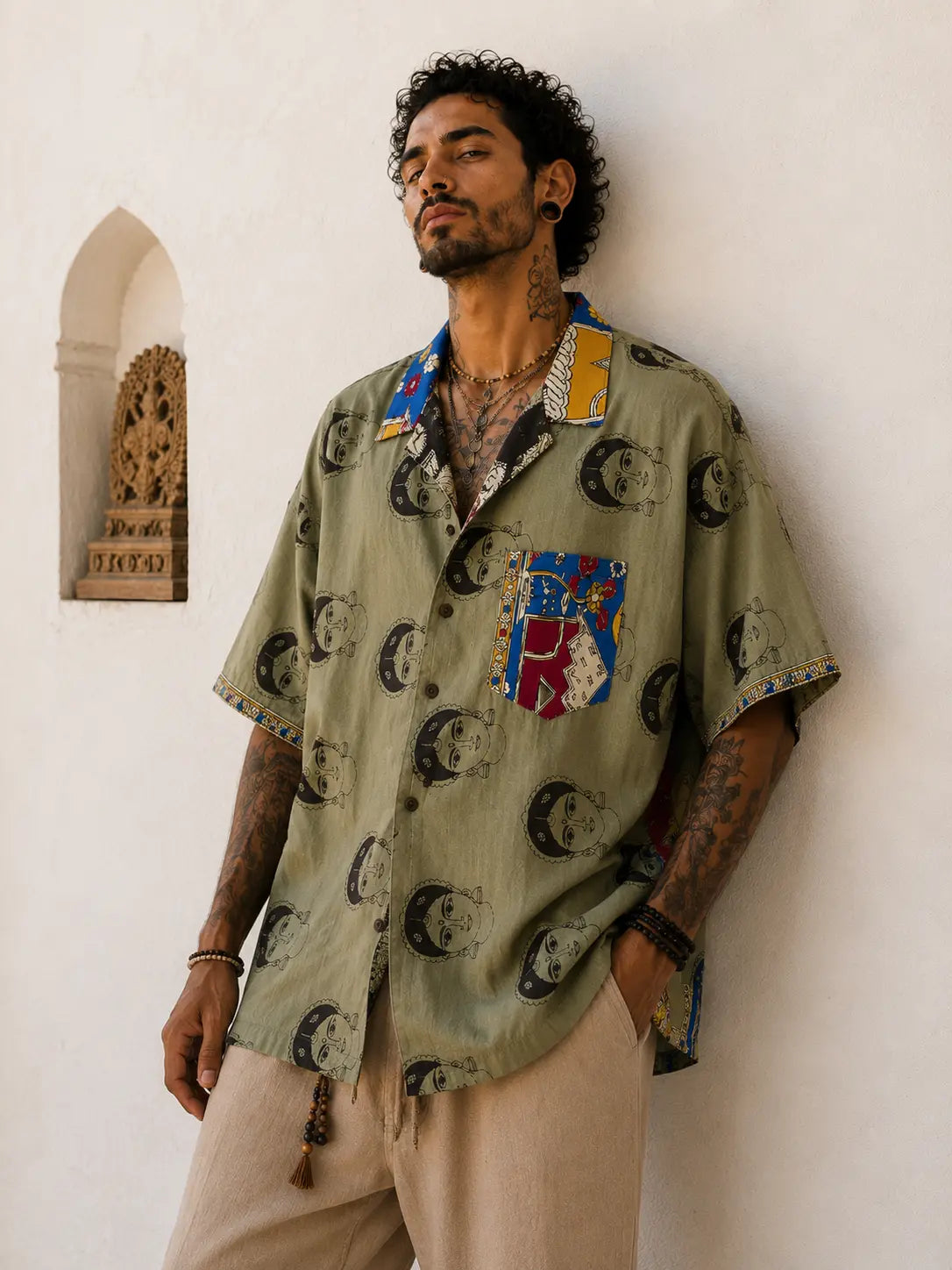 Camicia Kalamkari Block Print Dea Indiana e Pavone Verde Unisex - Taglia XL CAMICIE PARTICOLARI