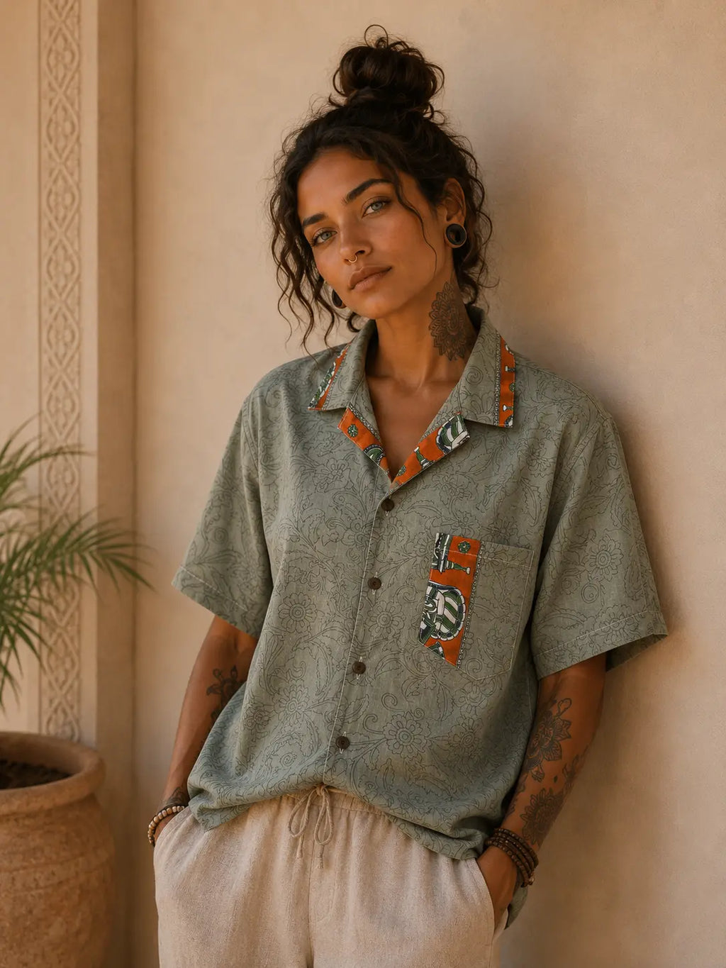Camicia Sari Block Print Verde Salvia Arancio Unisex - Taglia S CAMICIE PARTICOLARI