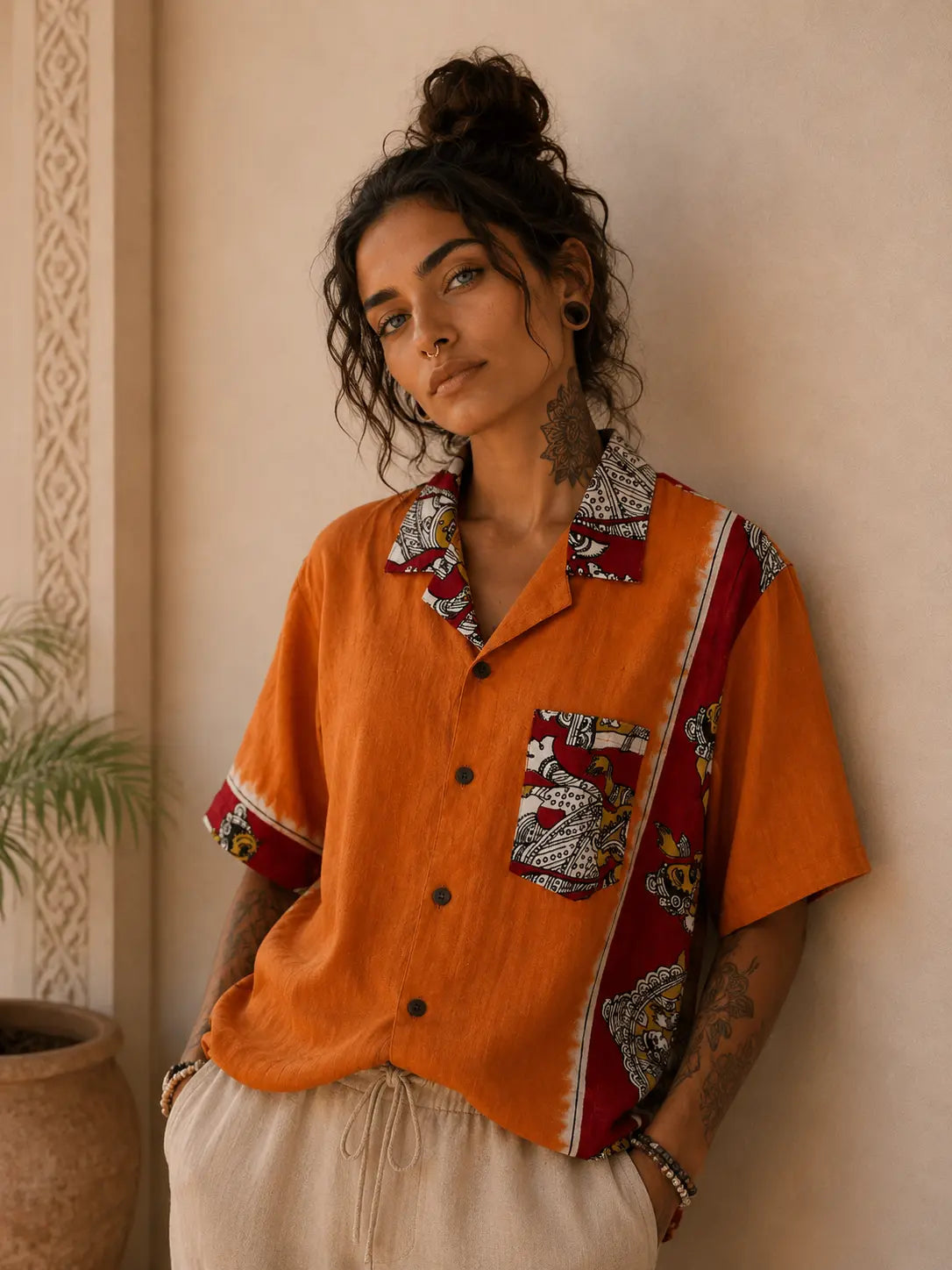 Camicia Sari Block Print Arancio Figure Danzanti Unisex - Taglia S CAMICIE PARTICOLARI