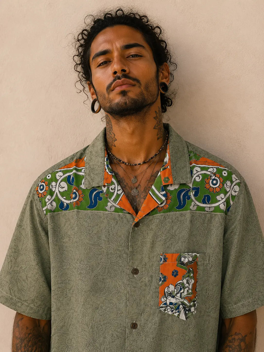 Camicia Sari Block Print Verde Salvia Pavone Unisex - Taglia M CAMICIE PARTICOLARI