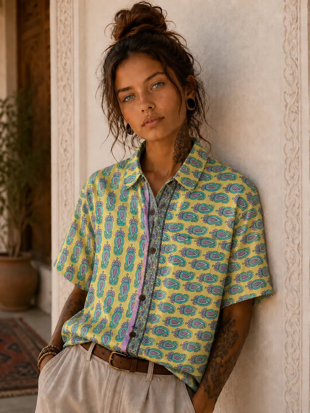 Camicia Sari Etnica Giallo Paisley Turchese Lilla Unisex - Taglia S CAMICIE PARTICOLARI