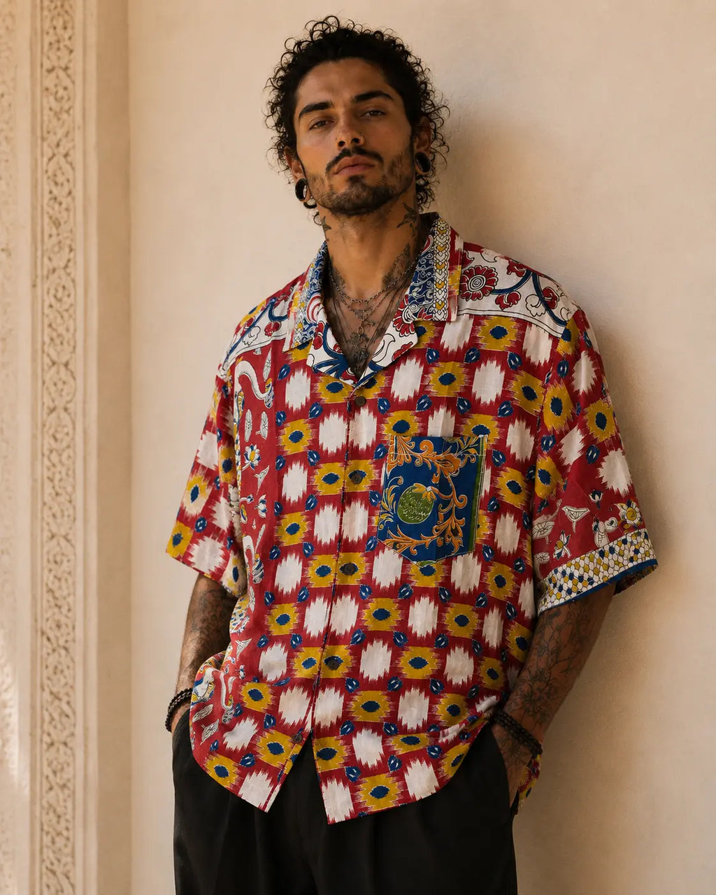 Camicia Etnica Sari Ikat Rosso Pavone Kalamkari - Taglia M CAMICIE PARTICOLARI