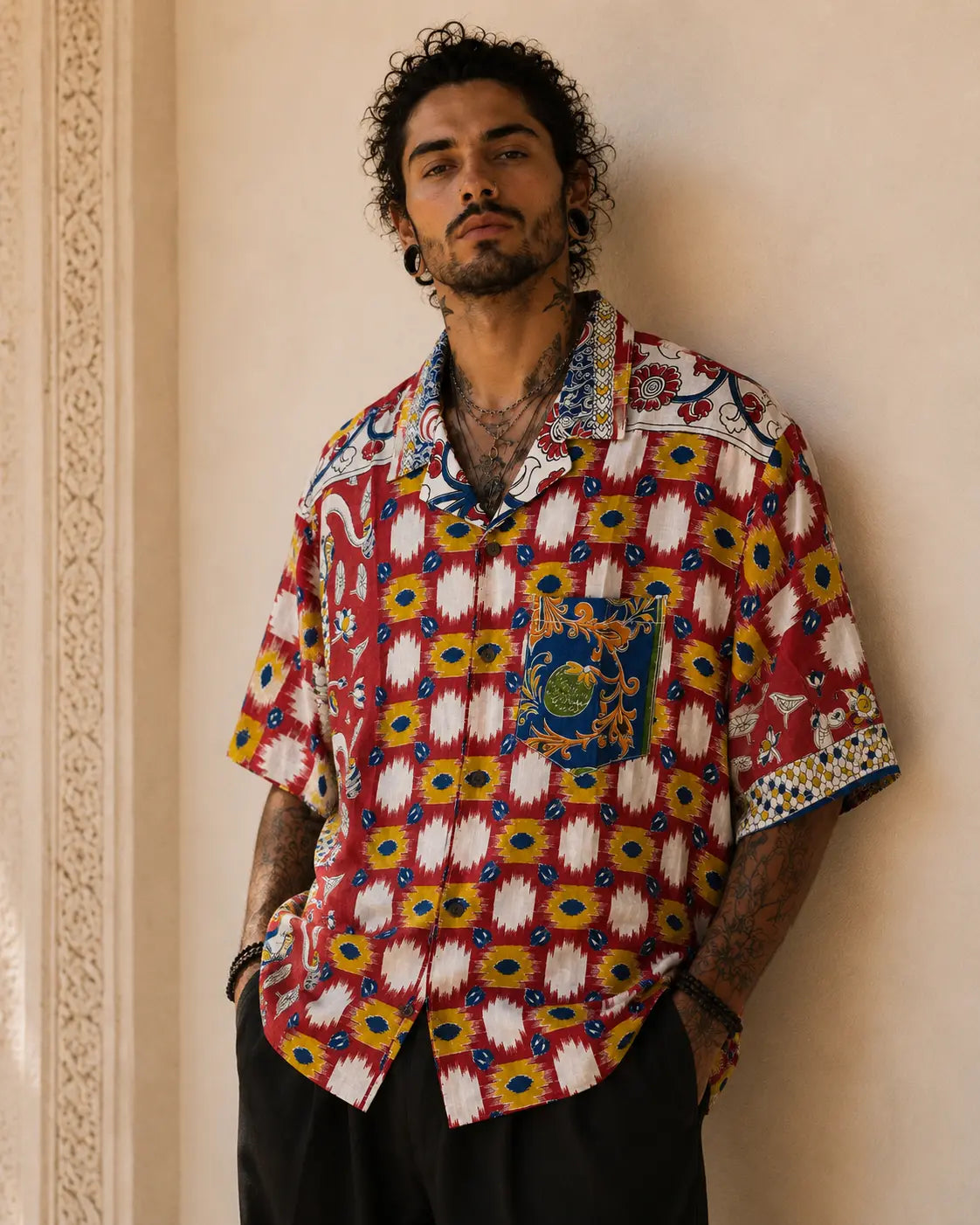 Camicia Etnica Sari Ikat Rosso Pavone Kalamkari - Taglia M CAMICIE PARTICOLARI